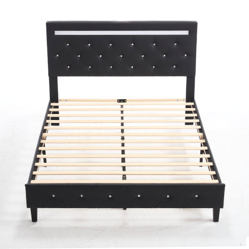 COMBO RECAMARA QUEEN: CAMA+COLCHON+MESITAS 003 - Queen Size Bed Frame with LED Light and Charging Station, Faux Leather Upholstered Platform Bed with Handcrafted Crystal Button Adjustable Headboard