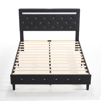 COMBO RECAMARA QUEEN: CAMA+COLCHON+MESITAS 003 - Queen Size Bed Frame with LED Light and Charging Station, Faux Leather Upholstered Platform Bed with Handcrafted Crystal Button Adjustable Headboard