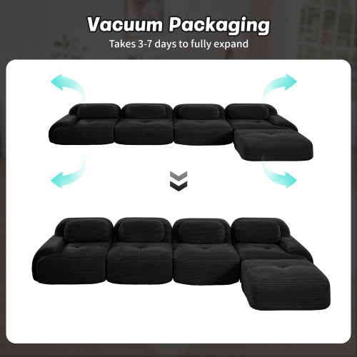 SALA NEGRAS #2 Black Cloud Sectional Black Sofa couch 4-seat L-shaped sofa 32D high-resilience sponge anti-slip design chaise design extra-wide curved armrests multi-free combination no assembly for studies living rooms media rooms,Black