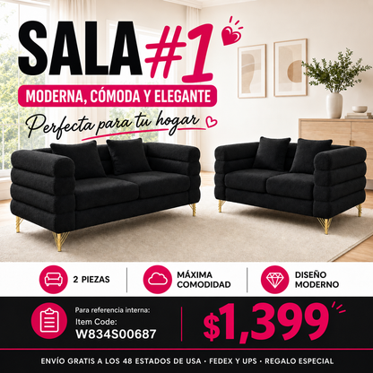SALA NEGRAS #1 A Black modern-design plush cloud-shaped sofa set featuring luxurious metal legs and coordinating throw pillows, with a wavy, cloud-shaped backrest design
