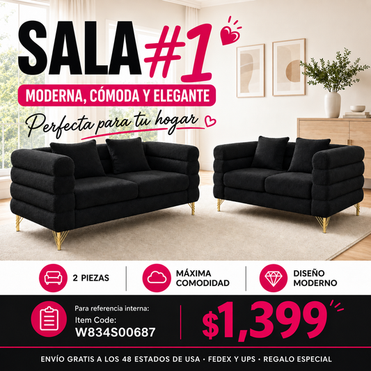 SALA NEGRAS #1 A Black modern-design plush cloud-shaped sofa set featuring luxurious metal legs and coordinating throw pillows, with a wavy, cloud-shaped backrest design
