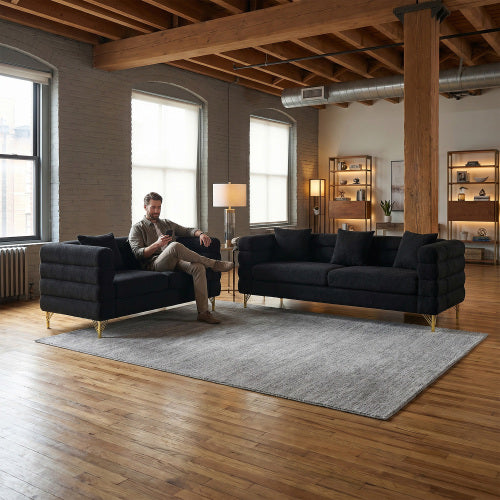 SALA NEGRAS #1 A Black modern-design plush cloud-shaped sofa set featuring luxurious metal legs and coordinating throw pillows, with a wavy, cloud-shaped backrest design