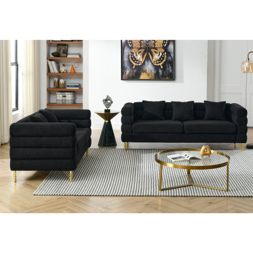 SALA NEGRAS #1 A Black modern-design plush cloud-shaped sofa set featuring luxurious metal legs and coordinating throw pillows, with a wavy, cloud-shaped backrest design