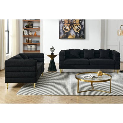 SALA NEGRAS #1 A Black modern-design plush cloud-shaped sofa set featuring luxurious metal legs and coordinating throw pillows, with a wavy, cloud-shaped backrest design