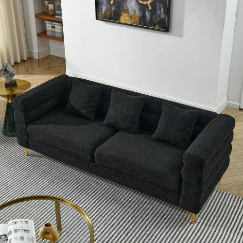 SALA NEGRAS #1 A Black modern-design plush cloud-shaped sofa set featuring luxurious metal legs and coordinating throw pillows, with a wavy, cloud-shaped backrest design