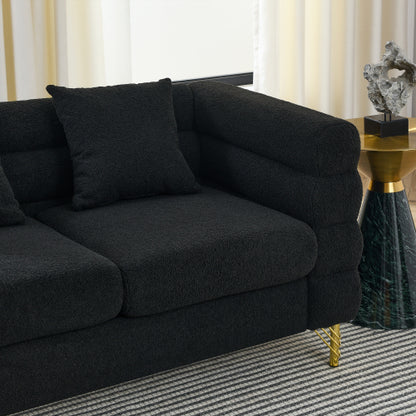 SALA NEGRAS #1 A Black modern-design plush cloud-shaped sofa set featuring luxurious metal legs and coordinating throw pillows, with a wavy, cloud-shaped backrest design