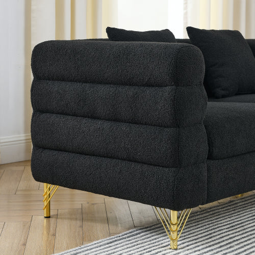 SALA NEGRAS #1 A Black modern-design plush cloud-shaped sofa set featuring luxurious metal legs and coordinating throw pillows, with a wavy, cloud-shaped backrest design