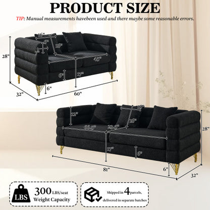 SALA NEGRAS #1 A Black modern-design plush cloud-shaped sofa set featuring luxurious metal legs and coordinating throw pillows, with a wavy, cloud-shaped backrest design