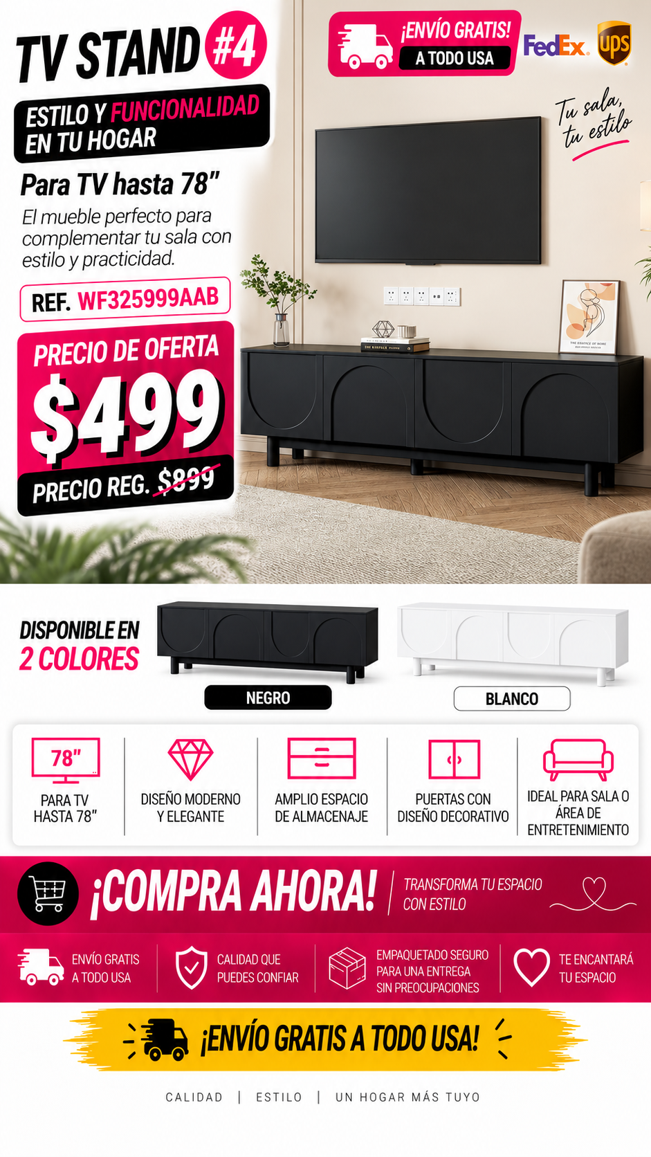 48 - TV STAND #4 - ON-TREND Graceful TV Stand with Arch Cabinets for TVs Up to 78'', Minimalist Entertainment Center with Solid Wood Legs, Practical Media Console with Adjustable Shelves for Living Room, Black