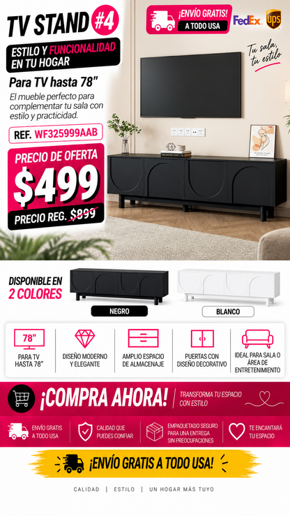 48 - TV STAND #4 - ON-TREND Graceful TV Stand with Arch Cabinets for TVs Up to 78'', Minimalist Entertainment Center with Solid Wood Legs, Practical Media Console with Adjustable Shelves for Living Room, Black