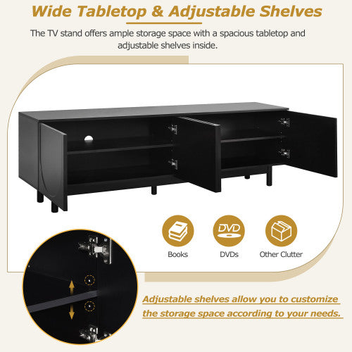 48 - TV STAND #4 - ON-TREND Graceful TV Stand with Arch Cabinets for TVs Up to 78'', Minimalist Entertainment Center with Solid Wood Legs, Practical Media Console with Adjustable Shelves for Living Room, Black