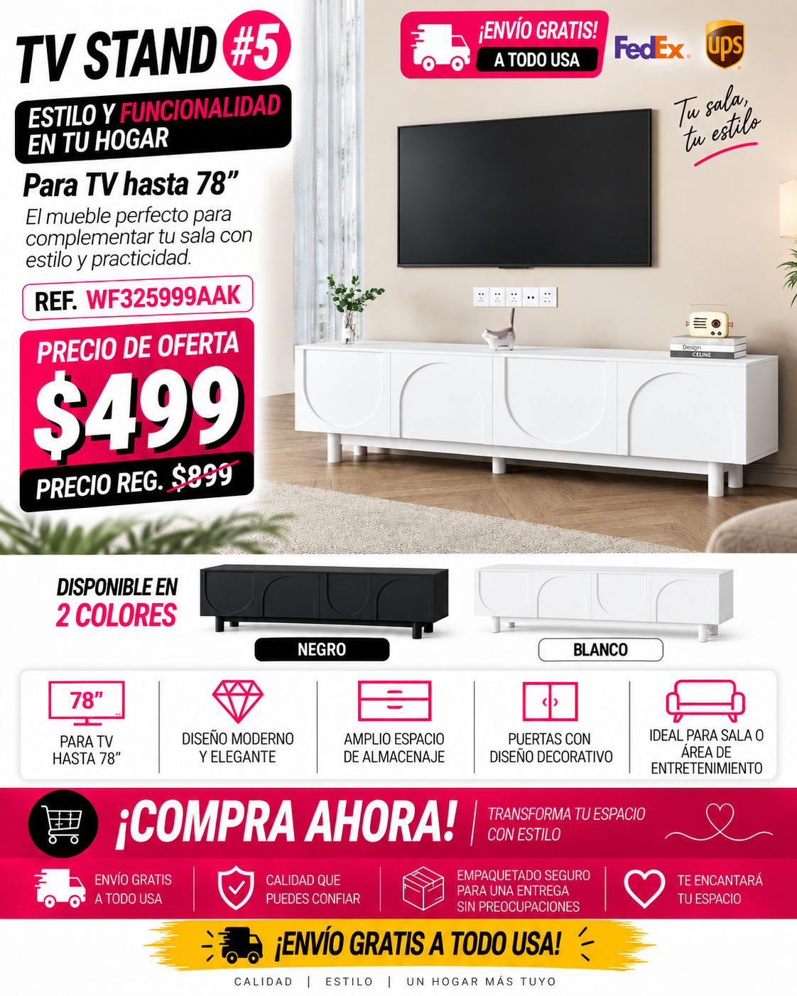 48 - TV STAND #5 - ON-TREND Graceful TV Stand with Arch Cabinets for TVs Up to 78'', Minimalist Entertainment Center with Solid Wood Legs, Practical Media Console with Adjustable Shelves for Living Room, White