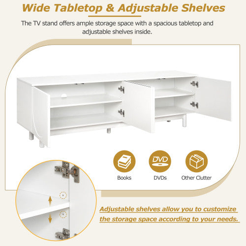 48 - TV STAND #5 - ON-TREND Graceful TV Stand with Arch Cabinets for TVs Up to 78'', Minimalist Entertainment Center with Solid Wood Legs, Practical Media Console with Adjustable Shelves for Living Room, White
