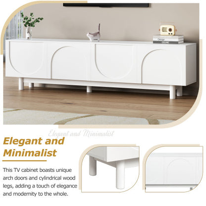 48 - TV STAND #5 - ON-TREND Graceful TV Stand with Arch Cabinets for TVs Up to 78'', Minimalist Entertainment Center with Solid Wood Legs, Practical Media Console with Adjustable Shelves for Living Room, White