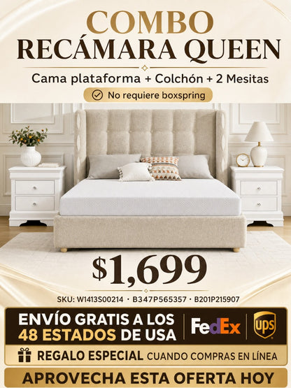 COMBO RECAMARA QUEEN: CAMA+COLCHON+MESITAS 007 - Queen Size removable Chenille Wingback Upholstered Waffle Bed, Deluxe Gas Lift Platform Bed with Large Under Bed Storage