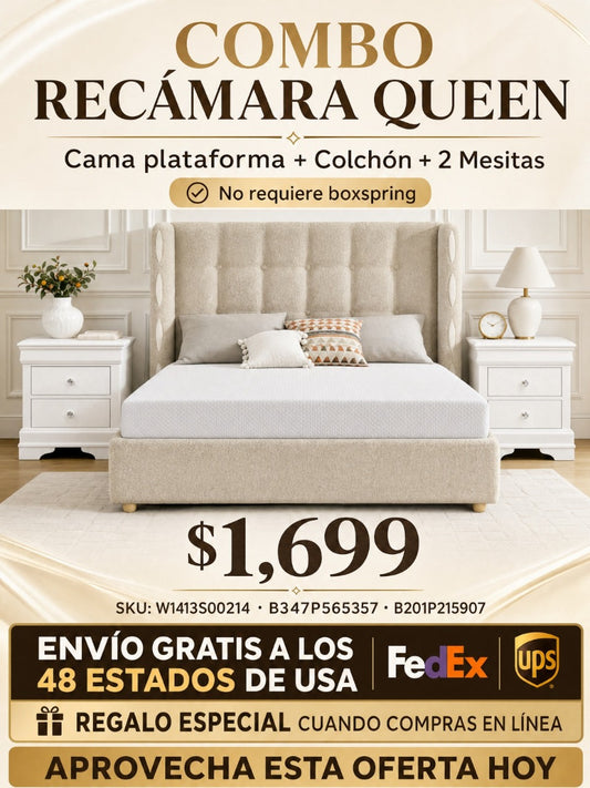 COMBO RECAMARA QUEEN: CAMA+COLCHON+MESITAS 007 - Queen Size removable Chenille Wingback Upholstered Waffle Bed, Deluxe Gas Lift Platform Bed with Large Under Bed Storage
