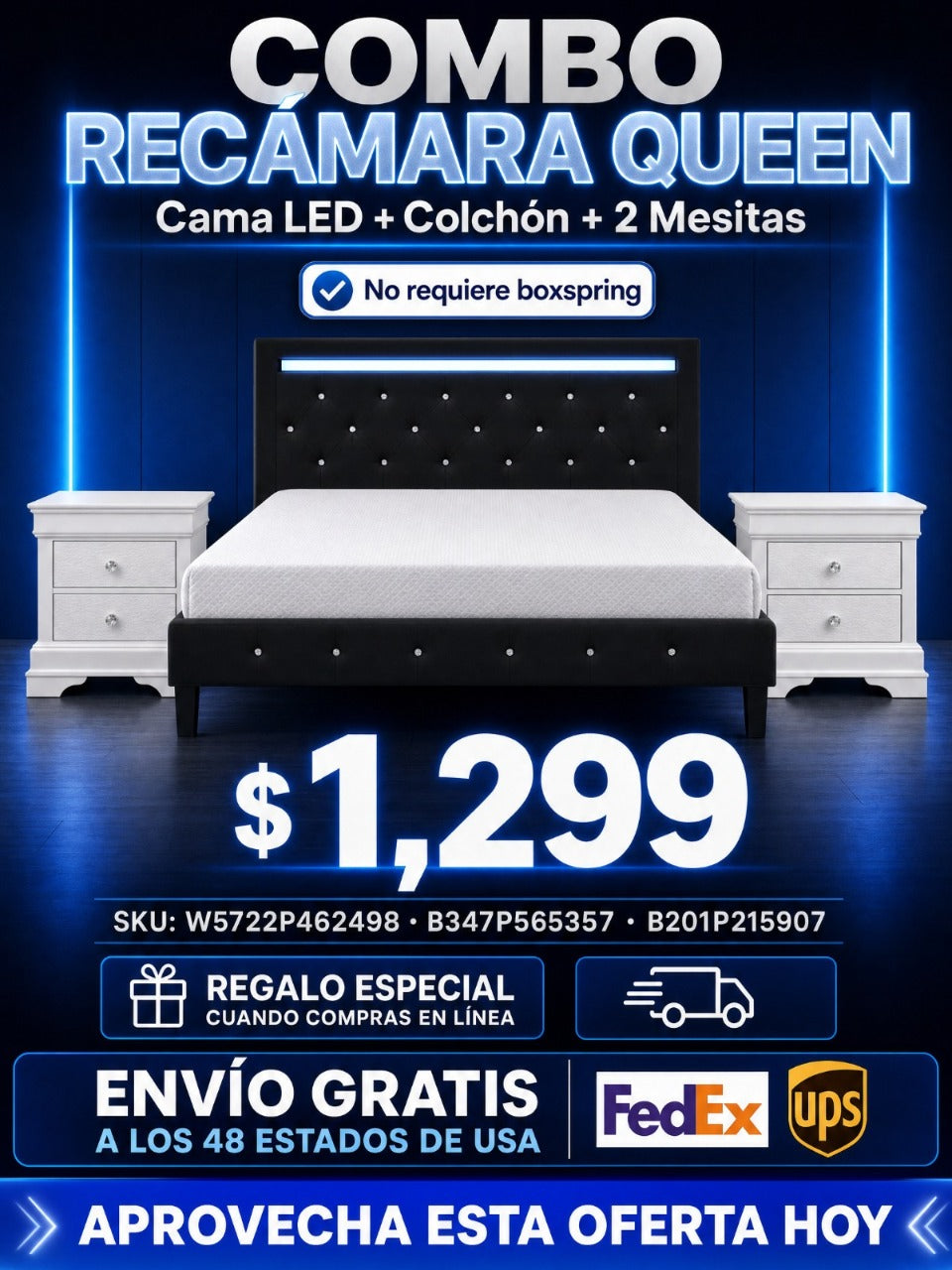 COMBO RECAMARA QUEEN: CAMA+COLCHON+MESITAS 003 - Queen Size Bed Frame with LED Light and Charging Station, Faux Leather Upholstered Platform Bed with Handcrafted Crystal Button Adjustable Headboard