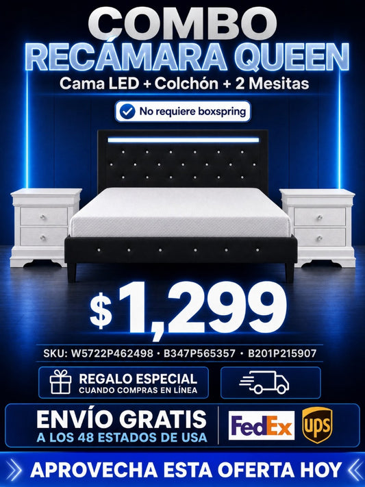 COMBO RECAMARA QUEEN: CAMA+COLCHON+MESITAS 003 - Queen Size Bed Frame with LED Light and Charging Station, Faux Leather Upholstered Platform Bed with Handcrafted Crystal Button Adjustable Headboard