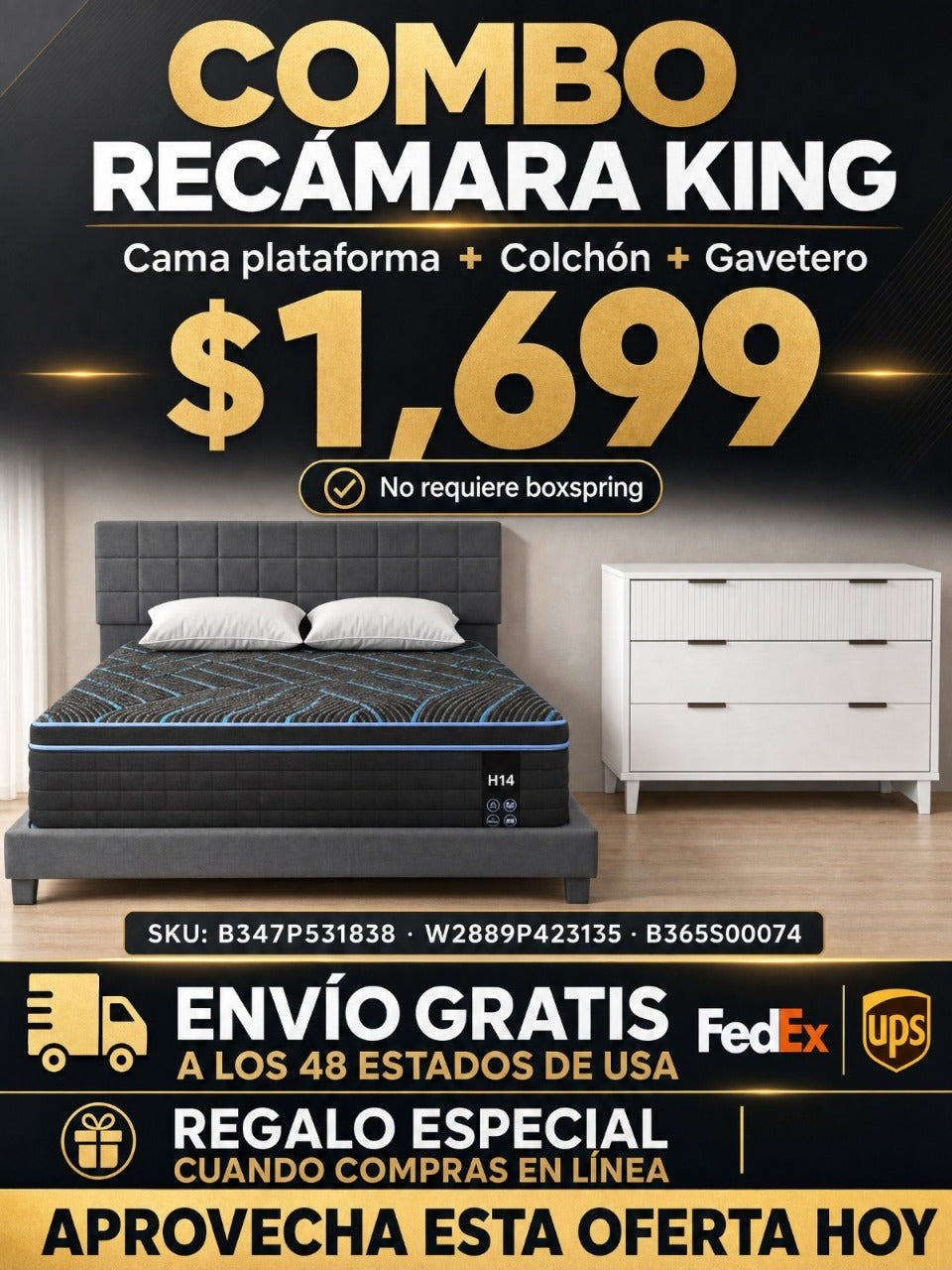 COMBO RECAMARA KING: CAMA + COLCHON + GAVINETE 009 - King Size Platform Bed Frame, Upholstered Tufted Headboard with Solid Wood Slats Support