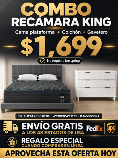 COMBO RECAMARA KING: CAMA + COLCHON + GAVINETE 009 - King Size Platform Bed Frame, Upholstered Tufted Headboard with Solid Wood Slats Support