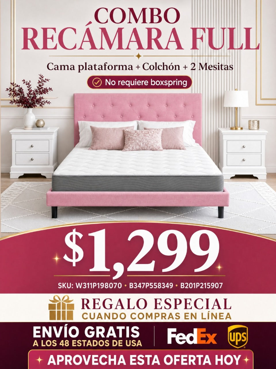 COMBO RECAMARA FULL: CAMA+COLCHON+MESITAS 001 - Full Size Upholstered Platform Bed Frame with Modern Button Tufted Linen Fabric Headboard