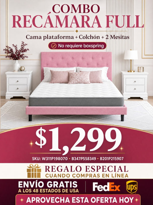 COMBO RECAMARA FULL: CAMA+COLCHON+MESITAS 001 - Full Size Upholstered Platform Bed Frame with Modern Button Tufted Linen Fabric Headboard