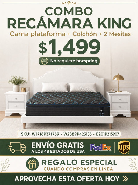 COMBO RECAMARA KING: CAMA+COLCHON+MESITAS 004 - King Size Bed Frame Upholstered Platform Bed with Adjustable Headboard