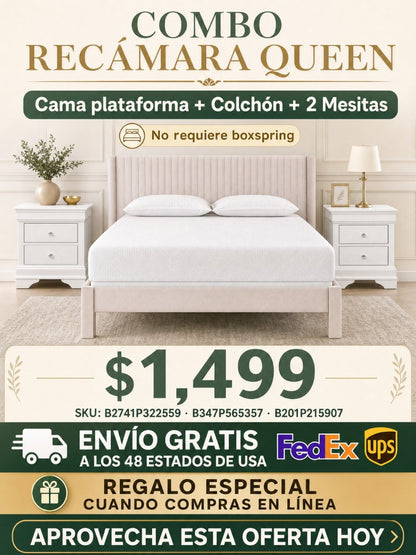 COMBO RECAMARA QUEEN: CAMA+COLCHON+MESITAS 006 - 1pc Contemporary Plush Upholstered Headboard Ribbed Texture Low-profile Frame Unobtrusive Legs Queen Platform Bed Pink Bedroom Furniture