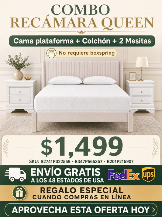 COMBO RECAMARA QUEEN: CAMA+COLCHON+MESITAS 006 - 1pc Contemporary Plush Upholstered Headboard Ribbed Texture Low-profile Frame Unobtrusive Legs Queen Platform Bed Pink Bedroom Furniture