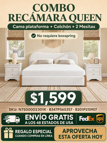 COMBO RECAMARA QUEEN: CAMA+COLCHON+MESITAS 010 -