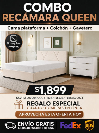 COMBO RECAMARA QUEEN: CAMA + COLCHON + GAVETERO 005 - Queen Size Upholstered Platform Bed with Brick Pattern Headboard and Twin XL Size Trundle