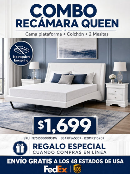 COMBO RECAMARA QUEEN: CAMA+COLCHON+MESITAS 002 - Queen Size Upholstered Bed Frame, Pu Leather Platform Bed with Wave-Like Curve Design and Trapezoidal-Shaped Leg