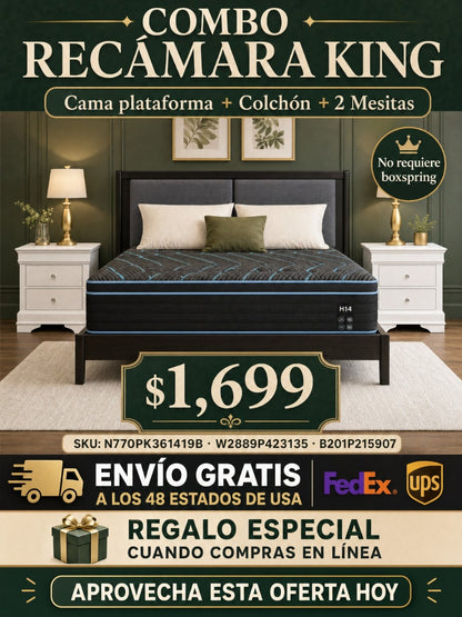 COMBO RECAMARA KING: CAMA+COLCHON+MESITAS 008 -  King Size Mattress,10 Inch Hybrid Mattress, Individually Pocketed Innerspring, Medium Firm