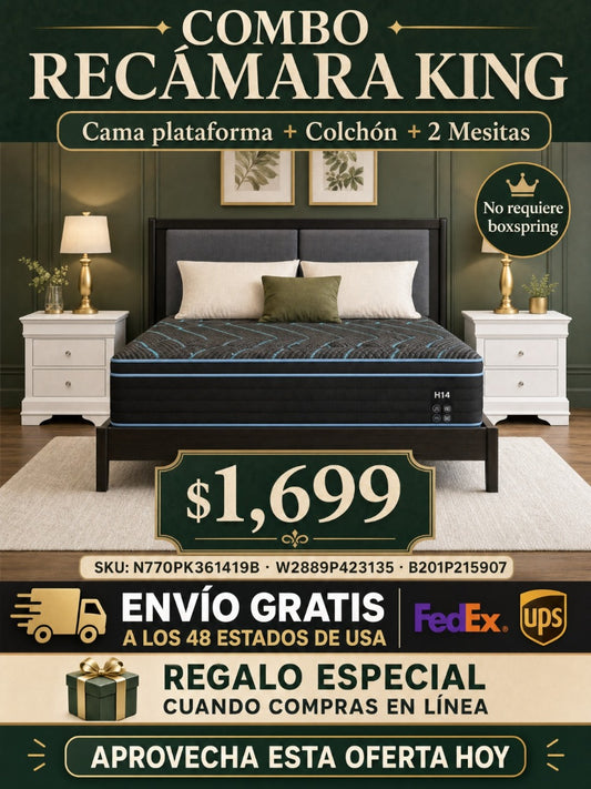 COMBO RECAMARA KING: CAMA+COLCHON+MESITAS 008 -  King Size Mattress,10 Inch Hybrid Mattress, Individually Pocketed Innerspring, Medium Firm