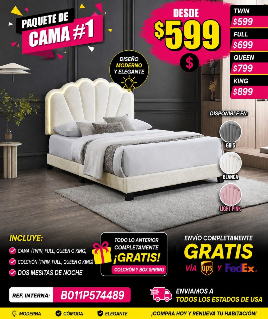 PAQUETE DE CAMA 01 - CAMA + COLCHON + MESITAS - Modern Glam LED Platform Bed with Shell Arch Adjustable Headboard