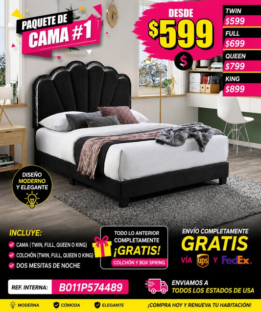 PAQUETE CAMA 01-1 - CAMA + COLCHON + MESITAS - Modern Glam  LED Platform Bed with Shell Arch Adjustable Headboard, Black