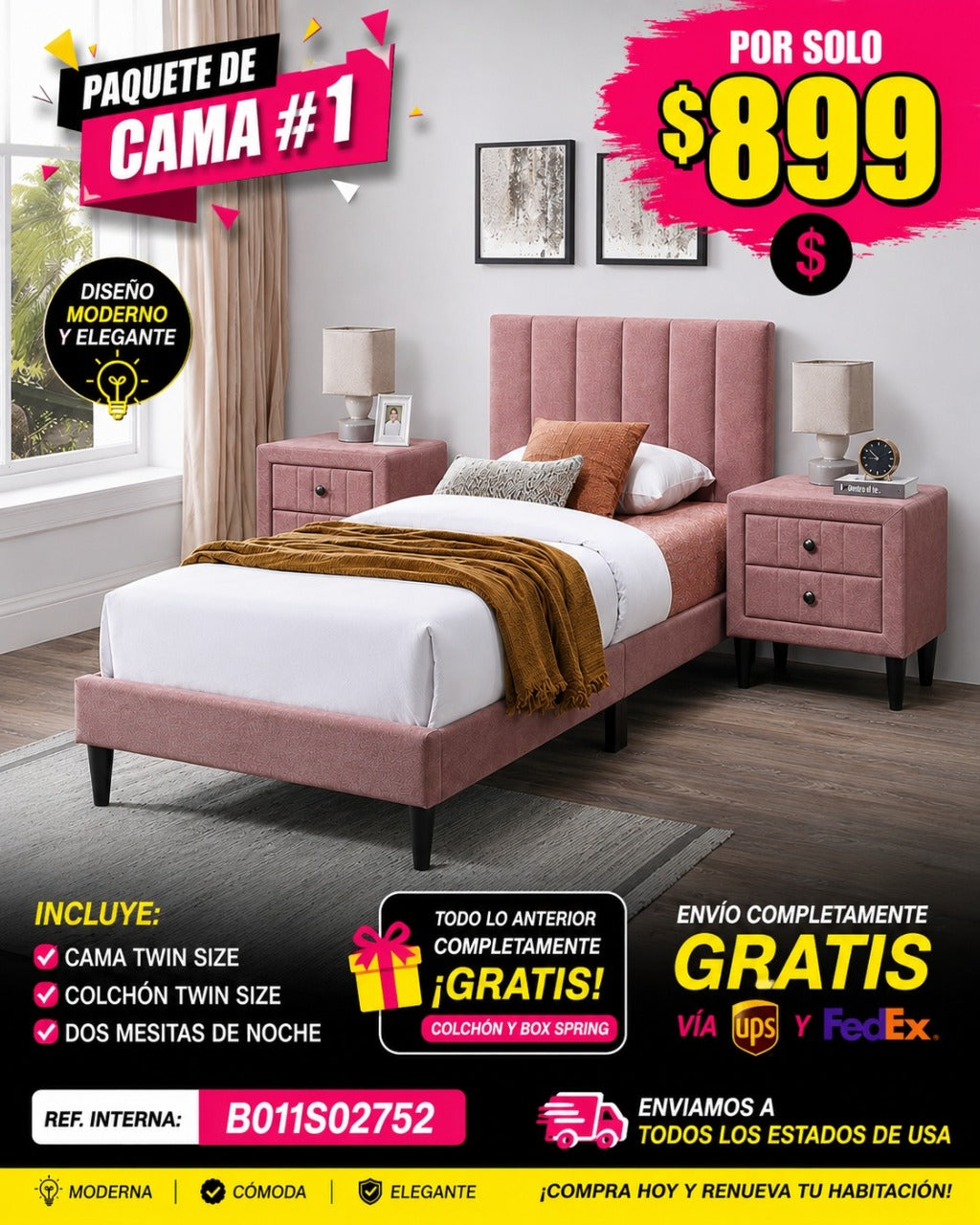 Paquete de Cama 01-2 CAMA + COLCHON + MESITAS - Twin Size Bed Nightstands Channel Tufted Headboard Upholstered Pink