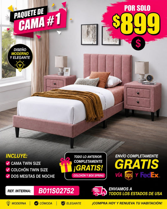 Paquete de Cama 01-2 CAMA + COLCHON + MESITAS - Twin Size Bed Nightstands Channel Tufted Headboard Upholstered Pink