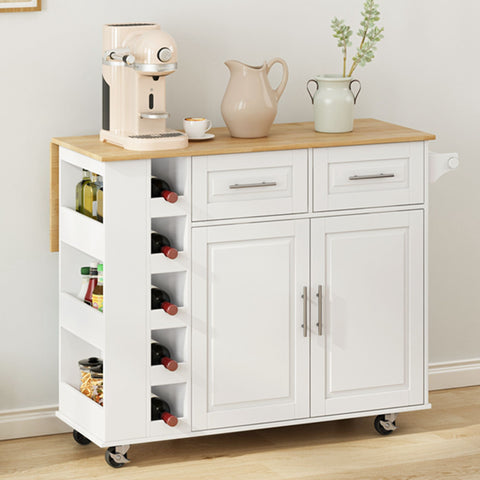 Kitchen Island Cart With 2 Door Cabinet, 2 Drawers, Spice Rack, Towel Holder, Wine Rack, And Foldable Top - White