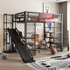 Loft Bed With Built In Desk, Open Wardrobe, Basketball Hoop, Slide And Staircase