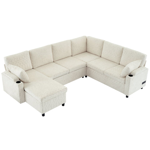 U-Shaped Sectional Sleeper Sofa With Ample Storage Space, 2 Cup Holders And Charging Ports For Living Room