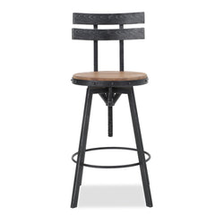 Rustic Metal Barstool With Wooden Seat - Black Brush Silver