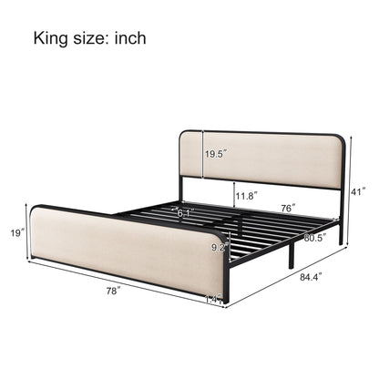 Modern Bed With Curved Upholstered Headboard And Footboard, Heavy Duty Metal Slats
