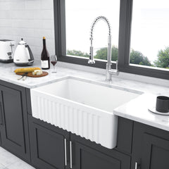 Sink 30" Apron Front Reversible Single Bowl Kitchen Sink With Grid And Strainer - White