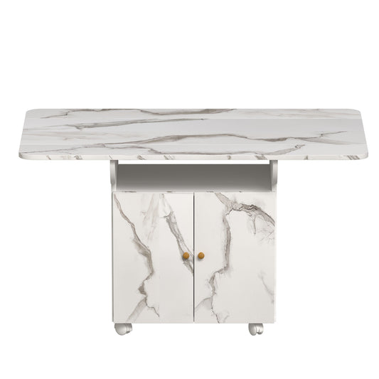 Versatile Marble Folding Dining Table With Storage Rack And Cabinet, 6 Wheels - White