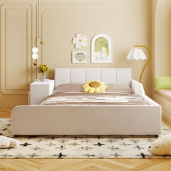 Upholstered Grounded Bed, With Bedside Desk And Little Round Stool