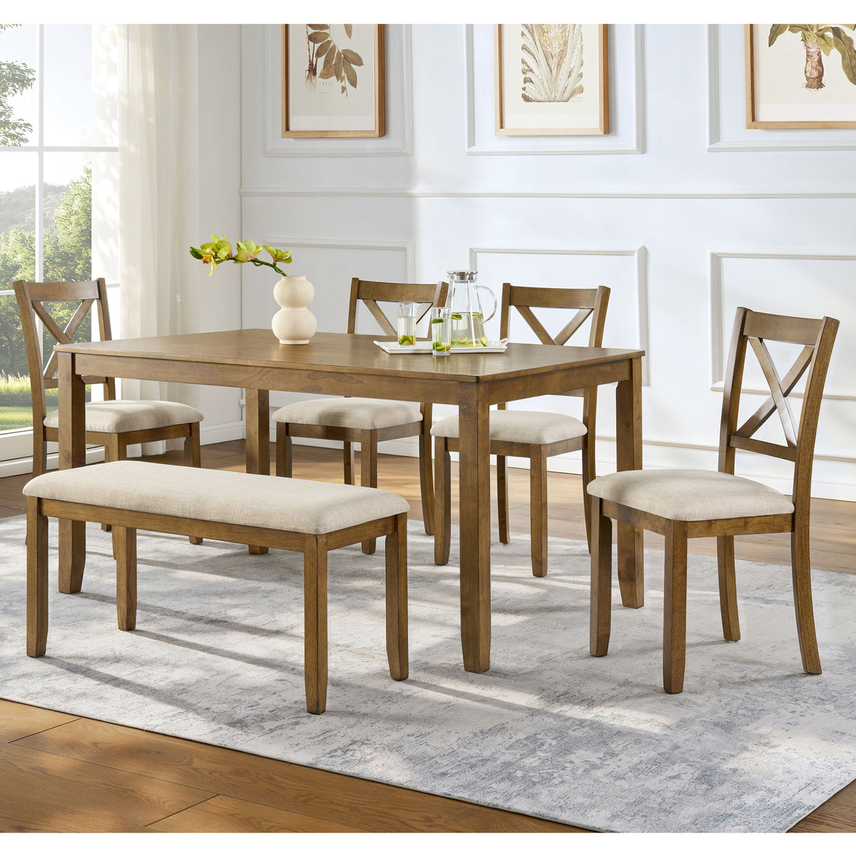 6 Piece Dining Table Set, Large Rectangular Table With Upholstered Bench & 4 X - Back Chairs, Kitchen Furniture - Oak
