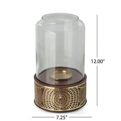 Boho Handcrafted Mango Wood Hurricane Candle Holder With Tempered Glass And Metal Accents - Brown