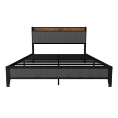 Bed With Charging Station, American Design Upholstered Headboard, Metal Platform