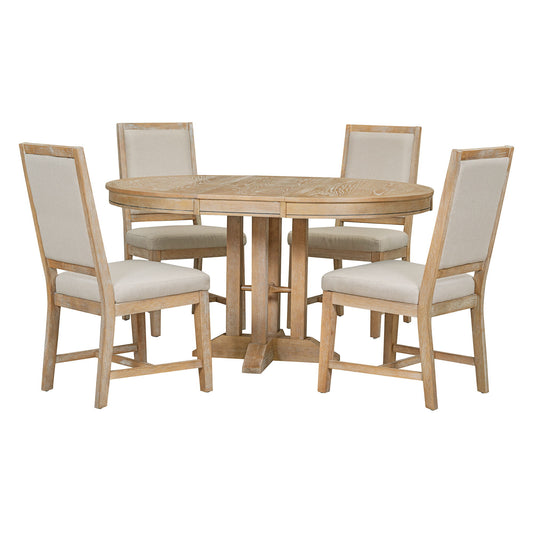 Dining Set & Extendable Round Table And 4 Upholstered Chairs